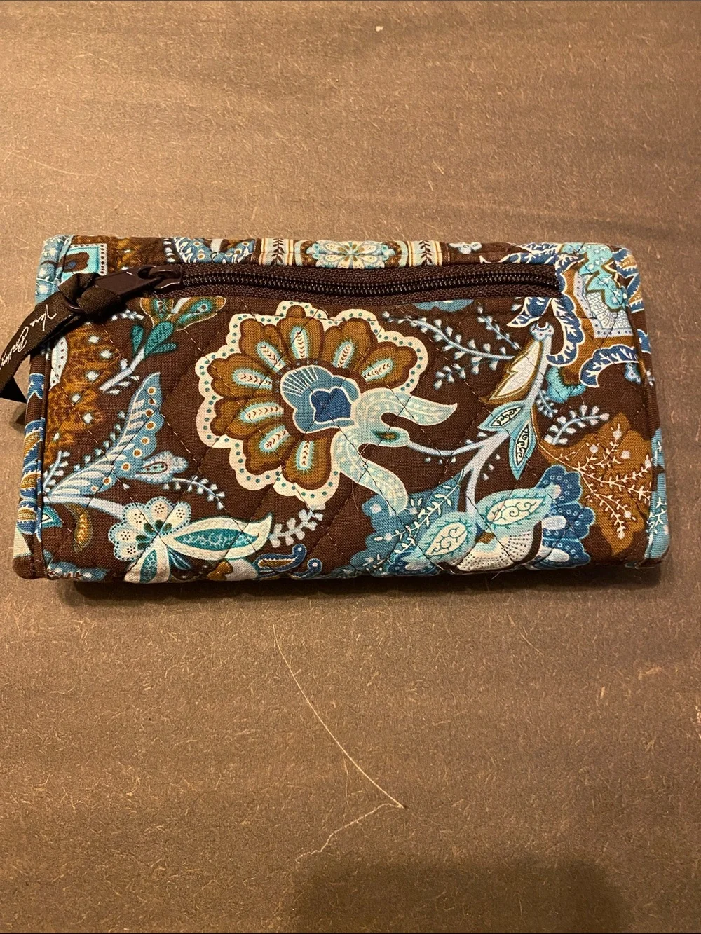 Vintage Vera Bradley Java Blue Trifold Wallet Quilted Cotton Brown Teal 7”x4”